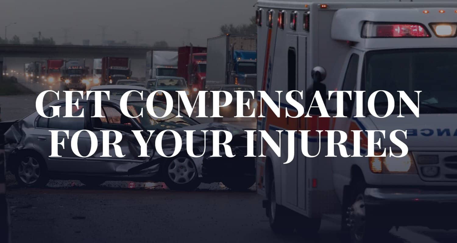 car accident with ambulance on scene with the caption "get compensation for your injuries"