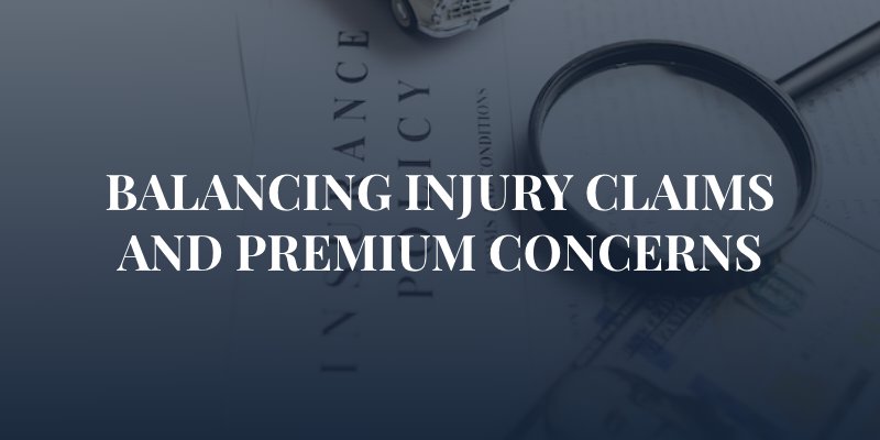 insurance policy, maginifying glass, and pen with caption: "Balancing Florida Injury Claims and Premium Concerns"