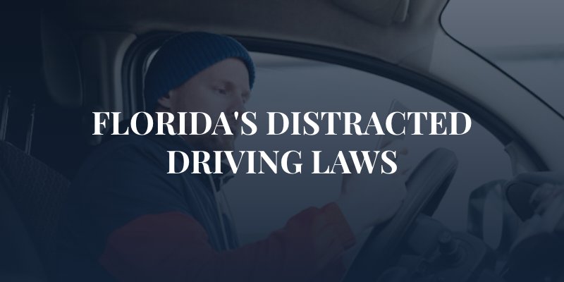 A Bearded Man Using His Smartphone in a Car with caption: Florida's Distracted Driving Laws
